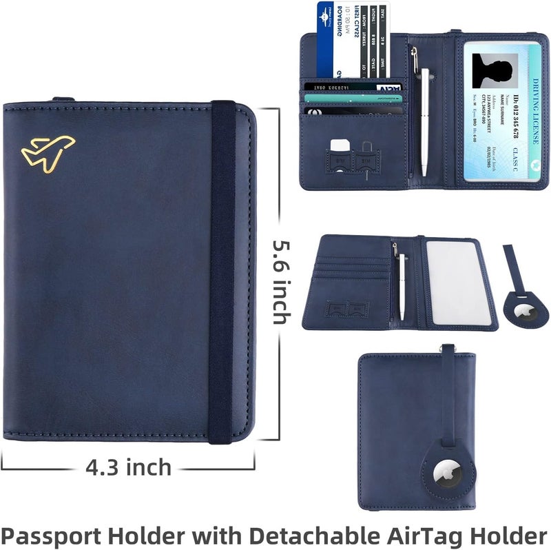 WALNEW AirTag Passport Holder, PU Leather Airtag Wallet RFID Blocking Passport Cover Travel Essentials Case for Women Men (Navy Blue) - Image 4